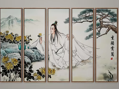 Traditional Chinese Landscape Painting on Folding Screen Panels with Mountains Pine Tree Chrysanthemums and Figure 3d model