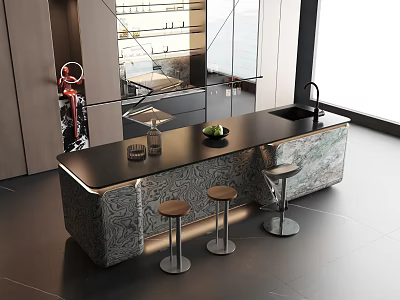 Elegant Modern Kitchen Interior Design With Luxury Marble Island Countertop And Stools 3d model