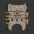 Traditional Stone And Wooden Building With Blue Tiled Roof Arched Doorway And Rail Tracks