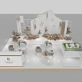 Modern Exhibition Booth Design With White Gold Accents Reception Counter And Decorative Plants
