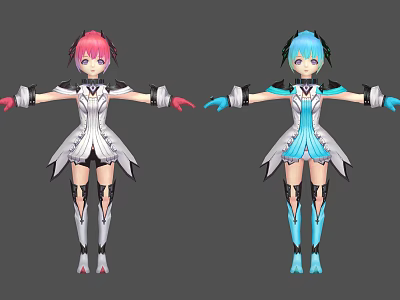 Game Anime Characters With Pink Blue Hair And White Mechanical Outfits 3d model