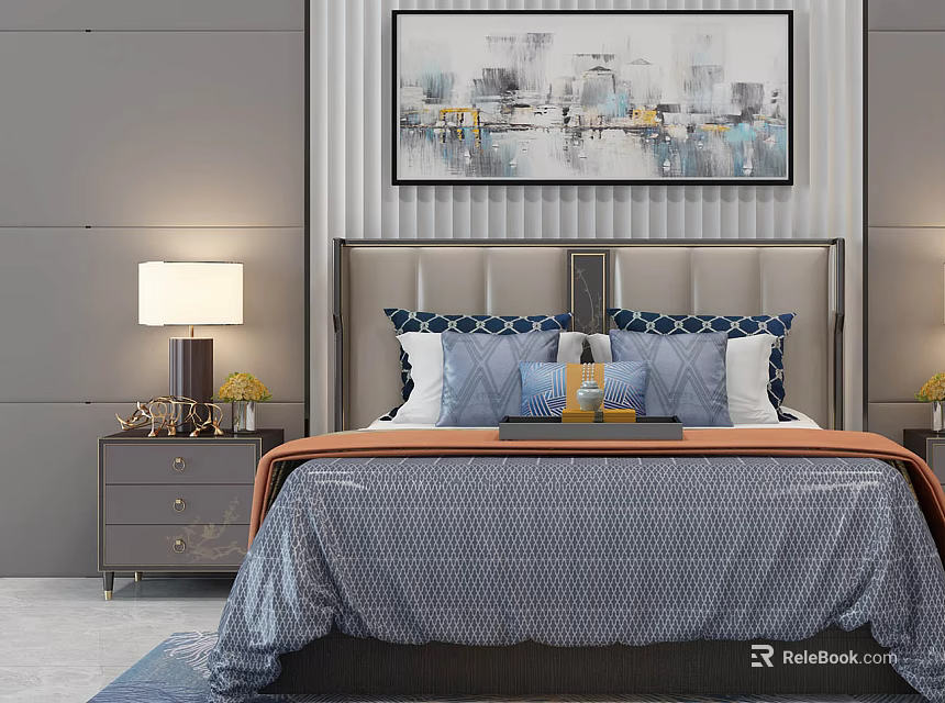 Modern Double Bed with Upholstered Headboard Blue Quilt Orange Trim and Abstract Painting 3d model 