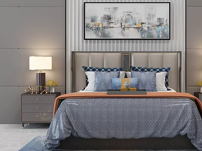 Modern Double Bed with Upholstered Headboard Blue Quilt Orange Trim and Abstract Painting 3d model