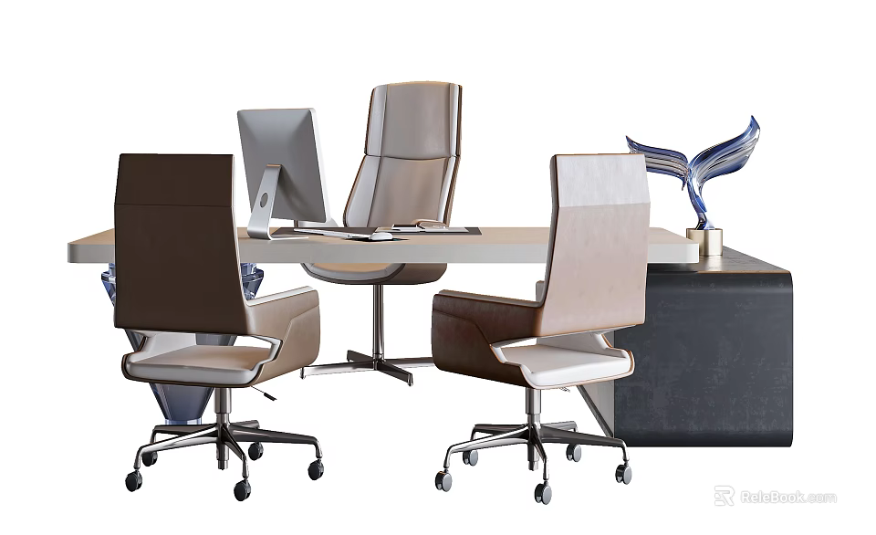 Modern Office Desk With Computer Monitor Comfortable Chairs And Decorative Sculpture 3d model 