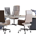 Modern Office Desk With Computer Monitor Comfortable Chairs And Decorative Sculpture