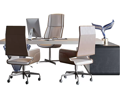 Modern Office Desk With Computer Monitor Comfortable Chairs And Decorative Sculpture 3d model