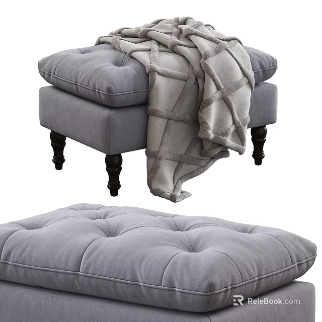 Modern Gray Padded Tufted Ottoman With Wooden Legs And Cozy Blanket 3d model 