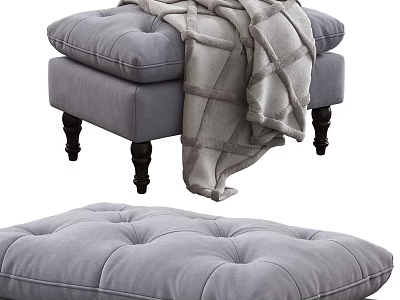 Modern Gray Padded Tufted Ottoman With Wooden Legs And Cozy Blanket 3d model