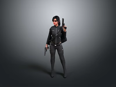 Woman In Black Tactical Outfit Holding Two Guns Wearing Sunglasses Against Gray Background 3d model