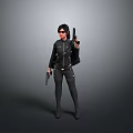 Woman In Black Tactical Outfit Holding Two Guns Wearing Sunglasses Against Gray Background