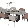 Oval Dining Table Set With Marble Top Gray Brown Chairs Golden Legs And Green Plant