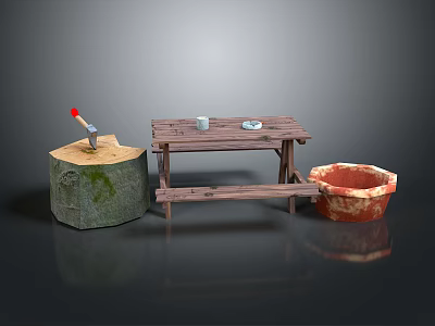 Rustic Outdoor Wooden Picnic Table Setup With Stump Axe Clay Pot And Bench 3d model