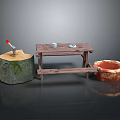 Rustic Outdoor Wooden Picnic Table Setup With Stump Axe Clay Pot And Bench