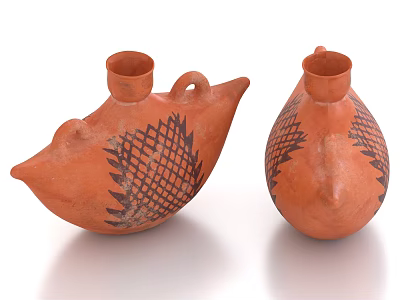 Pair of Terracotta Ceramic Vessels With Black Grid Patterns And Distinctive Beak Shaped Oval Designs 3d model