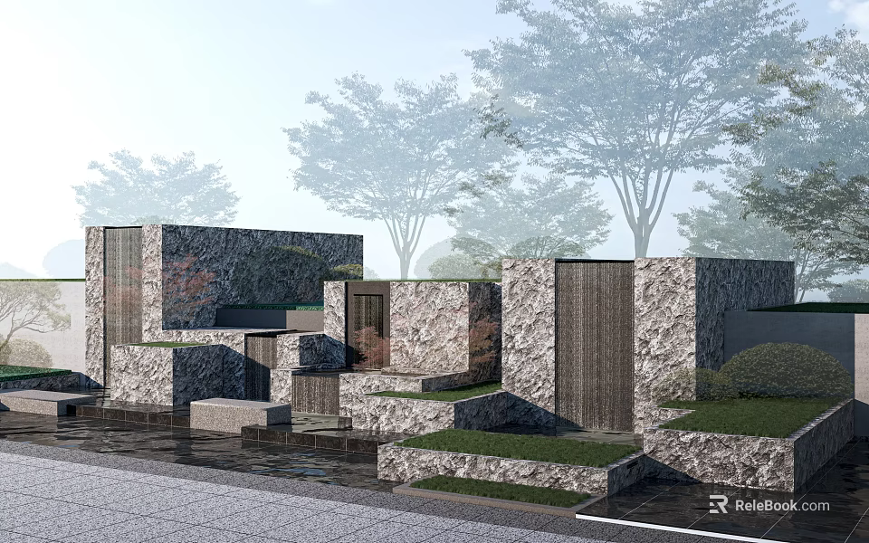 Modern Garden Ornaments With Stone Structures Green Plants And Decorative Steps 3d model