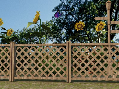 Wooden Fence With Lattice Design Surrounded By Sunflowers Butterfly Trees And Lamp Post 3d model