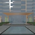 Modern High Rise Apartment Main Entrance With Glass Canopy Water Pool And Landscaped Plants