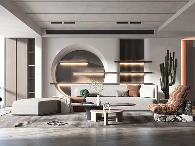 Modern Living Room Interior Design With Circular Wall Light Strips Sofa Coffee Table And Cactus 3d model