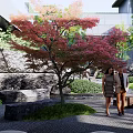 Landscaped Courtyard Garden with Large Rocks Flowing Water Feature Green Trees and Trimmed Shrubs