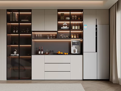 Modern Wine Cabinet Design With LED Lighting And Display Shelves For Wine Bottles And Glasses 3d model