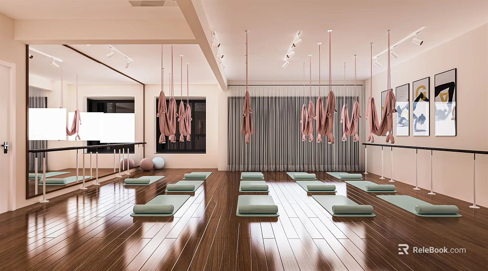 Modern Yoga Fitness Studio With Wooden Floors Yoga Mats Aerial Hammocks And Mirrors 3d model 