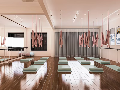 Modern Yoga Fitness Studio With Wooden Floors Yoga Mats Aerial Hammocks And Mirrors 3d model