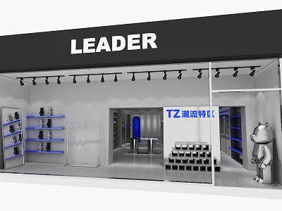 Leader Clothing Store With TZ Trendy Zone Shoe Racks Clothing Displays And Cartoon Figure 3d model