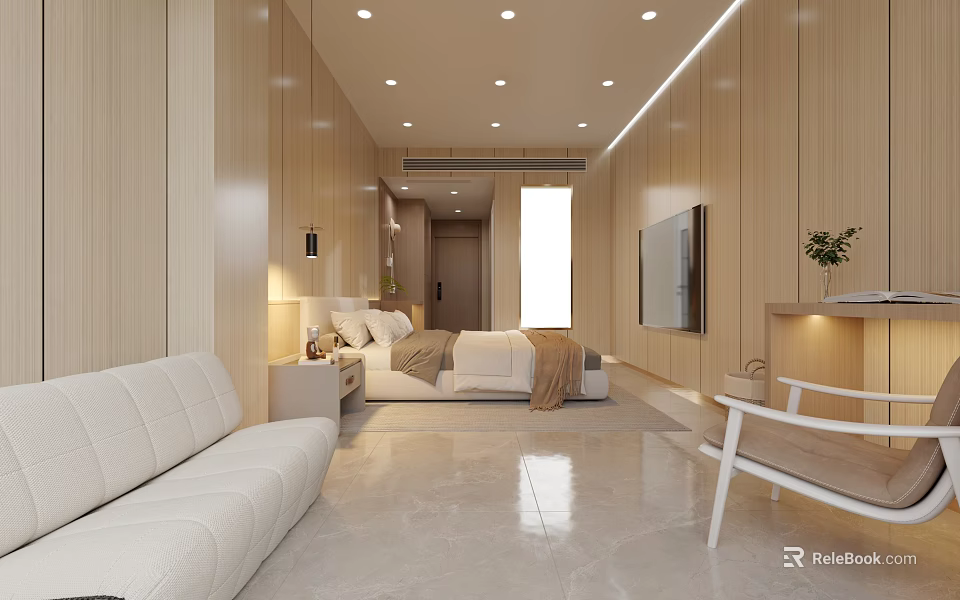 Modern Minimalist Hotel Room Interior With Wooden Walls White Sofa And TV 3d model 