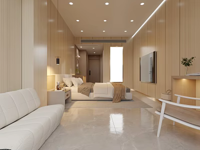Modern Minimalist Hotel Room Interior With Wooden Walls White Sofa And TV 3d model