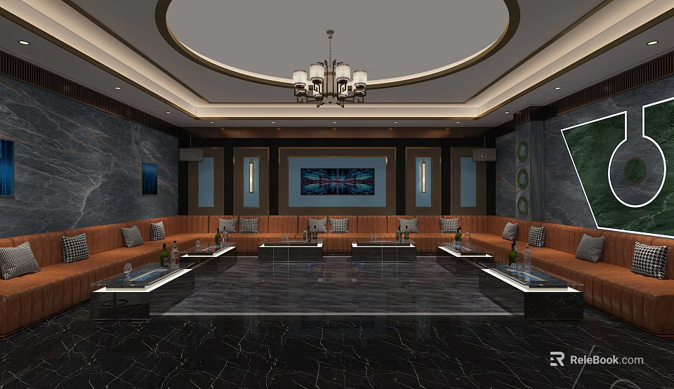 Elegant KTV Interior Design With Plush Sofas Large Screen Chandelier And Marble Floor 3d model