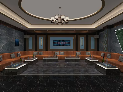 Elegant KTV Interior Design With Plush Sofas Large Screen Chandelier And Marble Floor 3d model