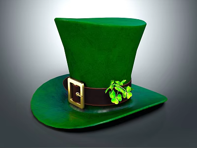 Festive Green Top Hat with Brown Belt Gold Buckle and Clover Decoration 3d model
