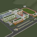 Modern School Building Campus with Classroom Buildings Green Trees Sports Field and Parking Lot