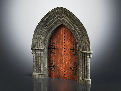 Ornate Arched Entrance Door With Carved Wooden Surface And Stone Archway Frame 3d model