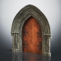 Ornate Arched Entrance Door With Carved Wooden Surface And Stone Archway Frame