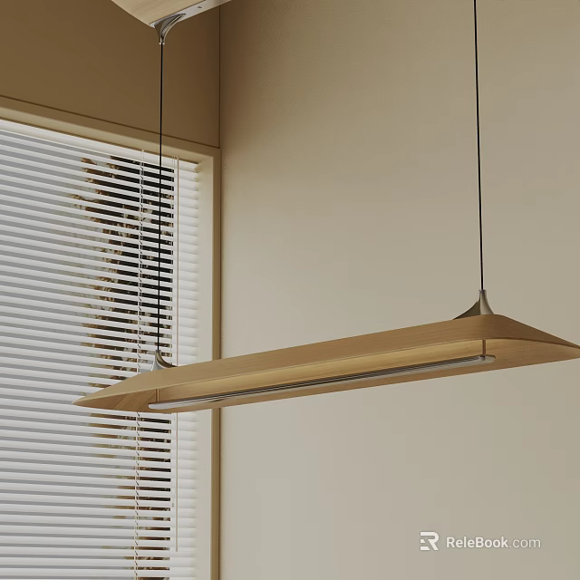 Modern Dining Area Interior With Long Rectangular Pendant Light And Window Blinds 3d model 