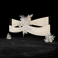 Elegant Floral Installation With Beige Pleated Fabric And Light Colored Flowers Feather Accents