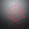 Red Particle Sphere Composed Of Small Red Dots Against Dark Background With Reflection Below