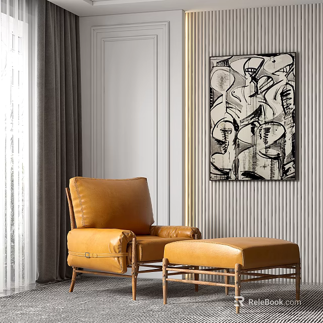 Yellow Leather Single Sofa With Matching Ottoman And Abstract Painting On Striped Wall 3d model 