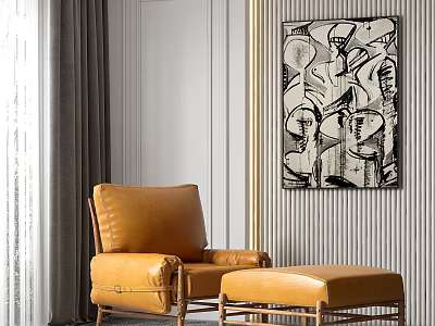 Yellow Leather Single Sofa With Matching Ottoman And Abstract Painting On Striped Wall 3d model