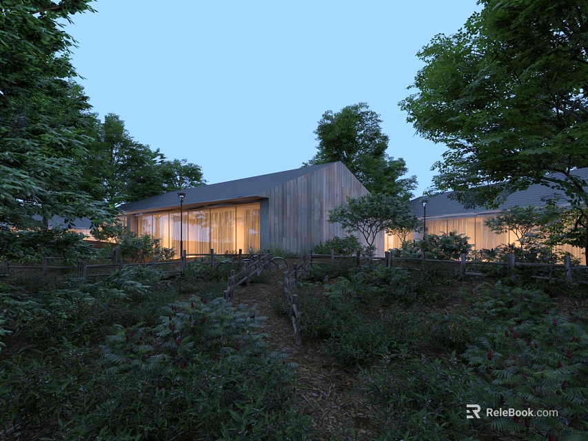 Detached Villa With Wooden Exterior Surrounded By Trees And Illuminated In Natural Setting 3d model 