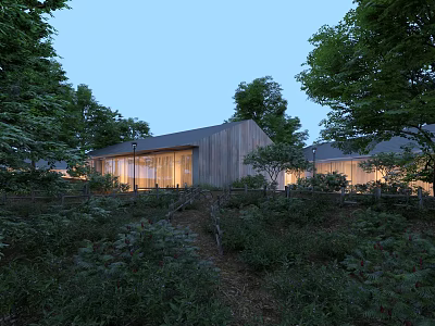 Detached Villa With Wooden Exterior Surrounded By Trees And Illuminated In Natural Setting 3d model