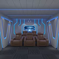 Home Theater Room Interior With Brown Leather Seats Large Screen And Blue Ambient Lighting