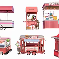 Pink Mobile Food Carts With Various Designs Selling Donuts And Ice Cream
