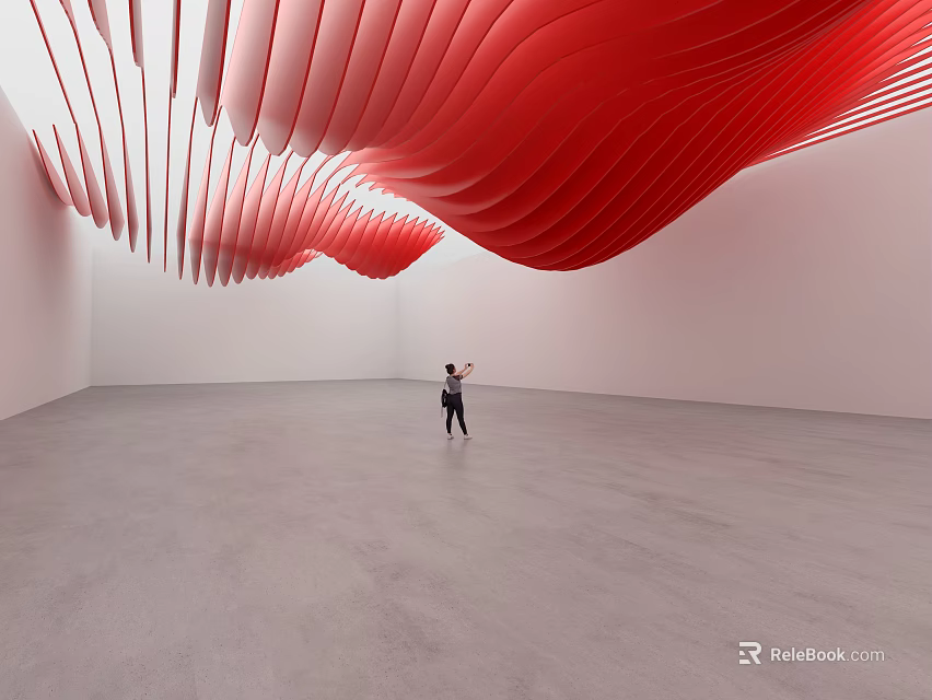 Spacious White Room With Red Wavy Ceiling Structure And Person Standing On Gray Floor 3d model 