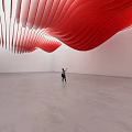 Spacious White Room With Red Wavy Ceiling Structure And Person Standing On Gray Floor 3d model
