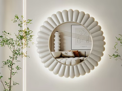 Round White Mirror With Radial Petal Design In Living Room Green Plants Sofa And Painting 3d model