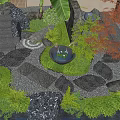 Natural Courtyard Garden Design With Stone Steps Circular Water Basin Red Maple Tree And Ferns