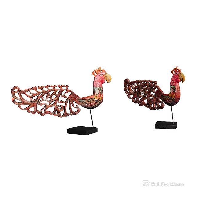 Hand Carved Red Rooster Sculptures With Intricate Tail Design And Black Stand 3d model 