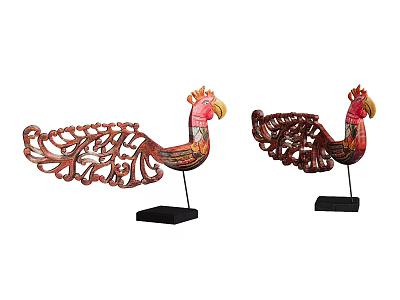 Hand Carved Red Rooster Sculptures With Intricate Tail Design And Black Stand 3d model